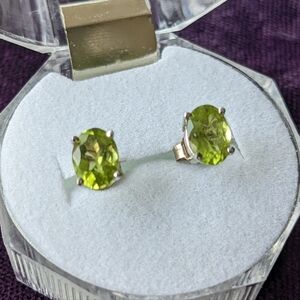 Solid 14K Gold Stud Earrings With Natural Green Peridot Gemstones, White Gold